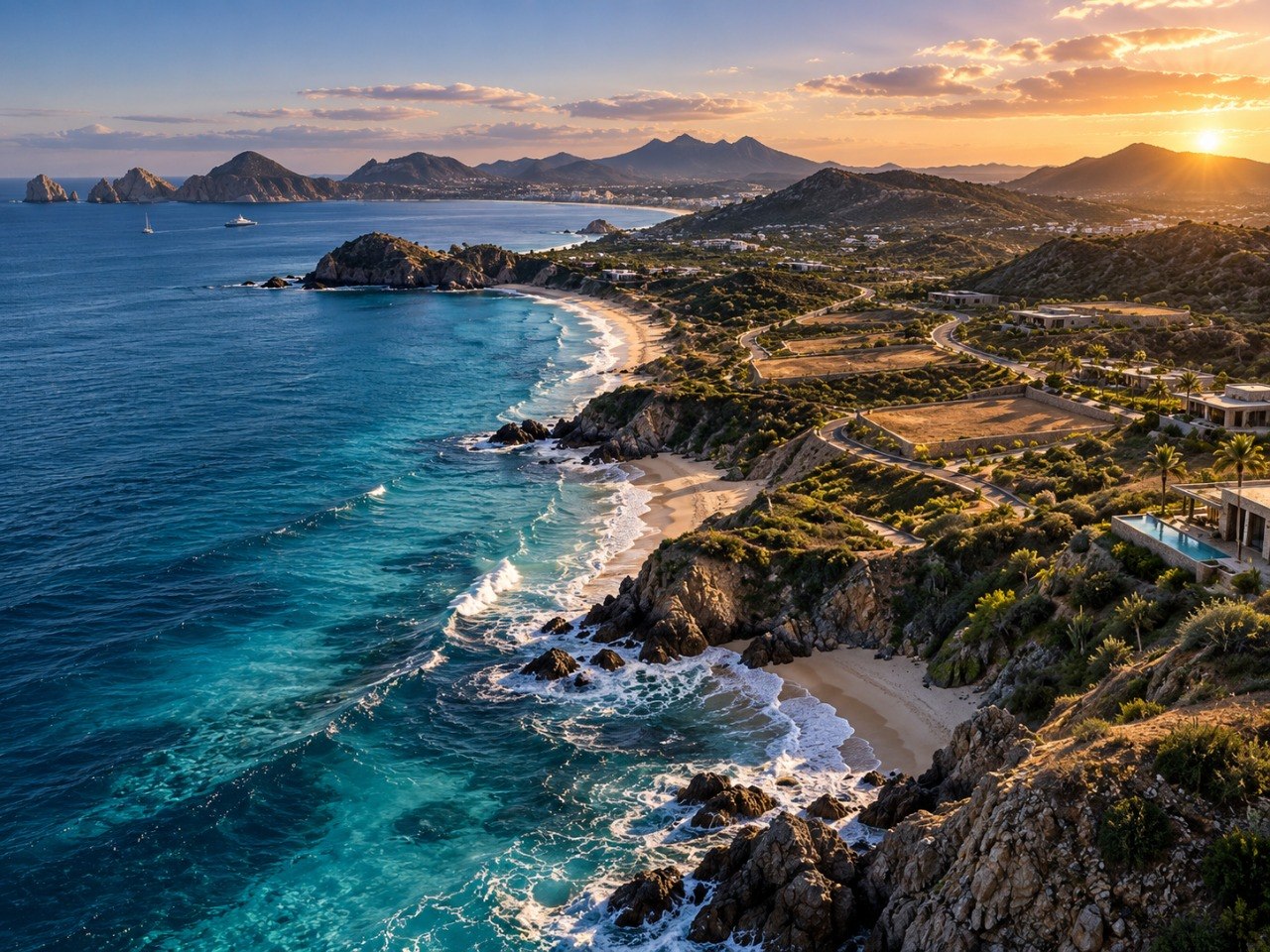 Vista aérea de una costa con playas, acantilados y desarrollos residenciales al atardecer
