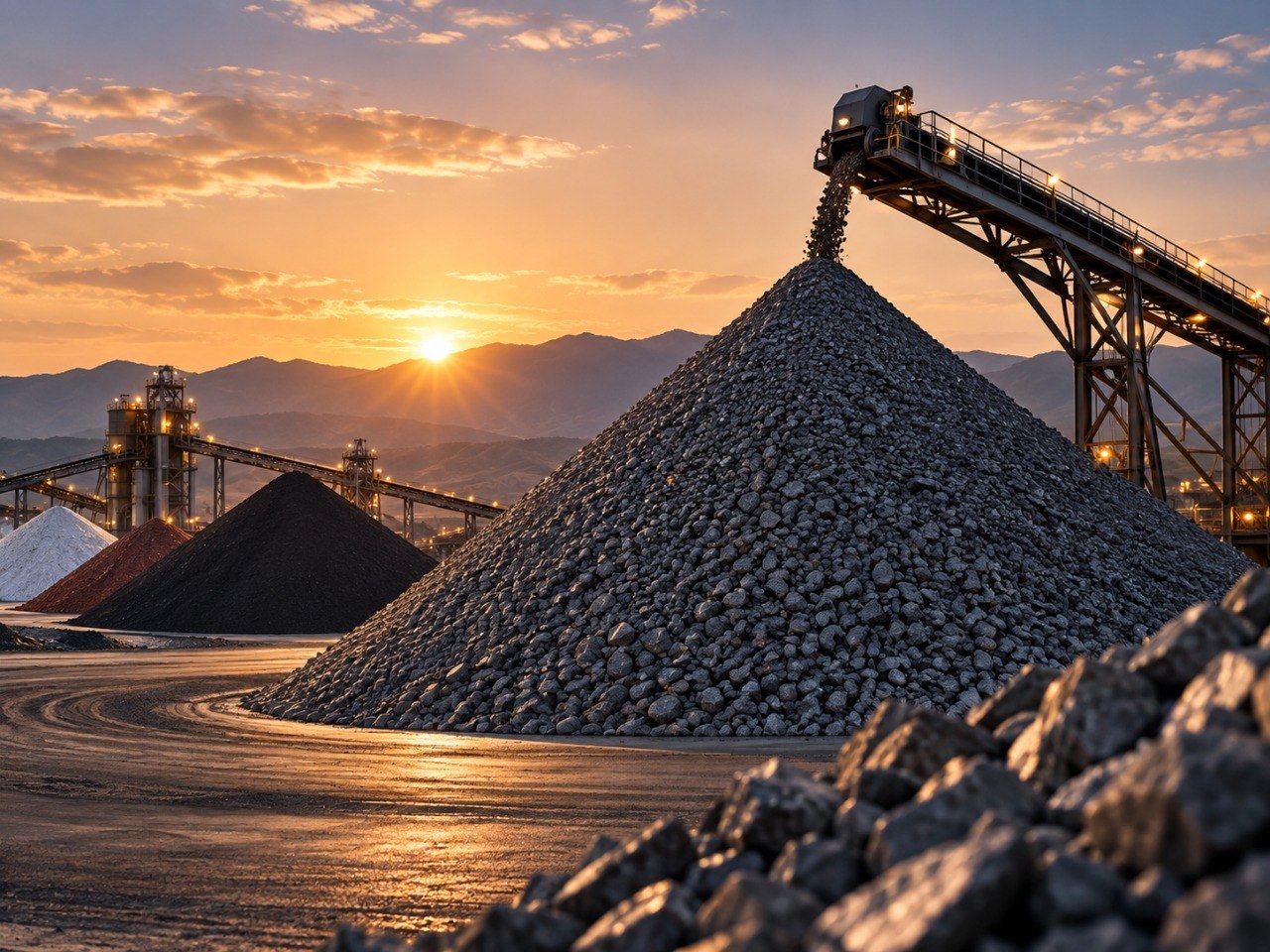 Montículos de mineral junto a una banda transportadora en una planta industrial, al amanecer