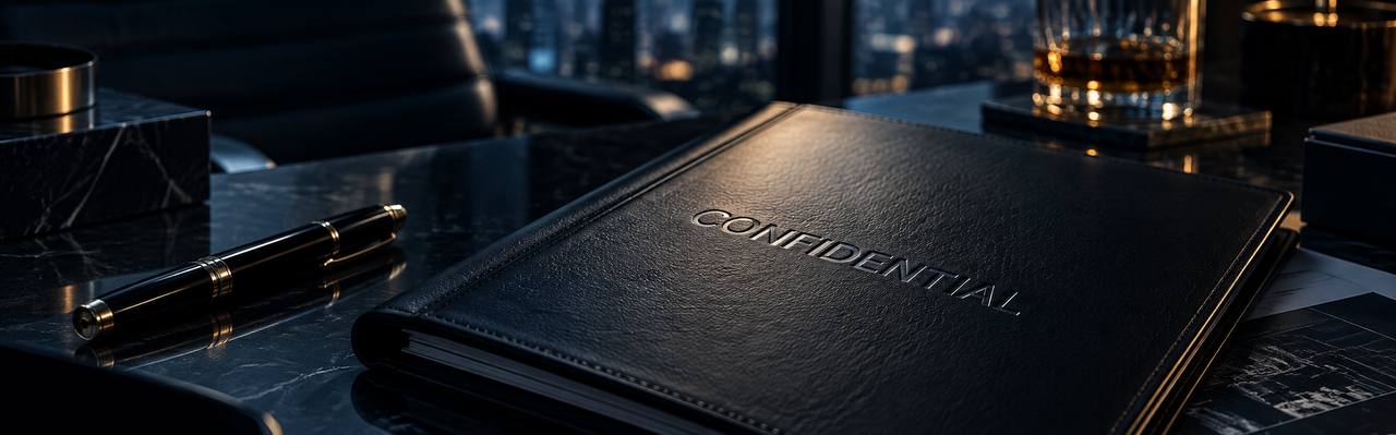 Carpeta con la leyenda confidential sobre un escritorio ejecutivo, frente al horizonte de la ciudad al anochecer