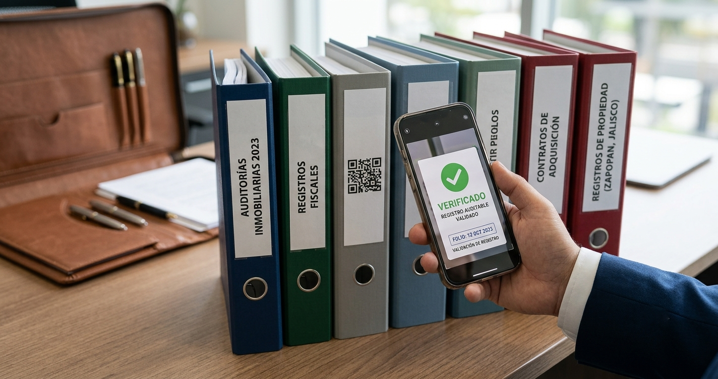 Carpetas de registros y auditorías con un teléfono mostrando un folio verificado