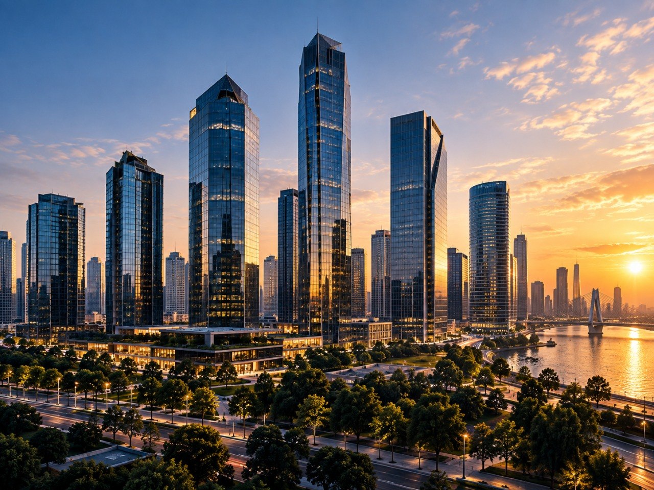 Horizonte de rascacielos corporativos de cristal junto a un río, al atardecer