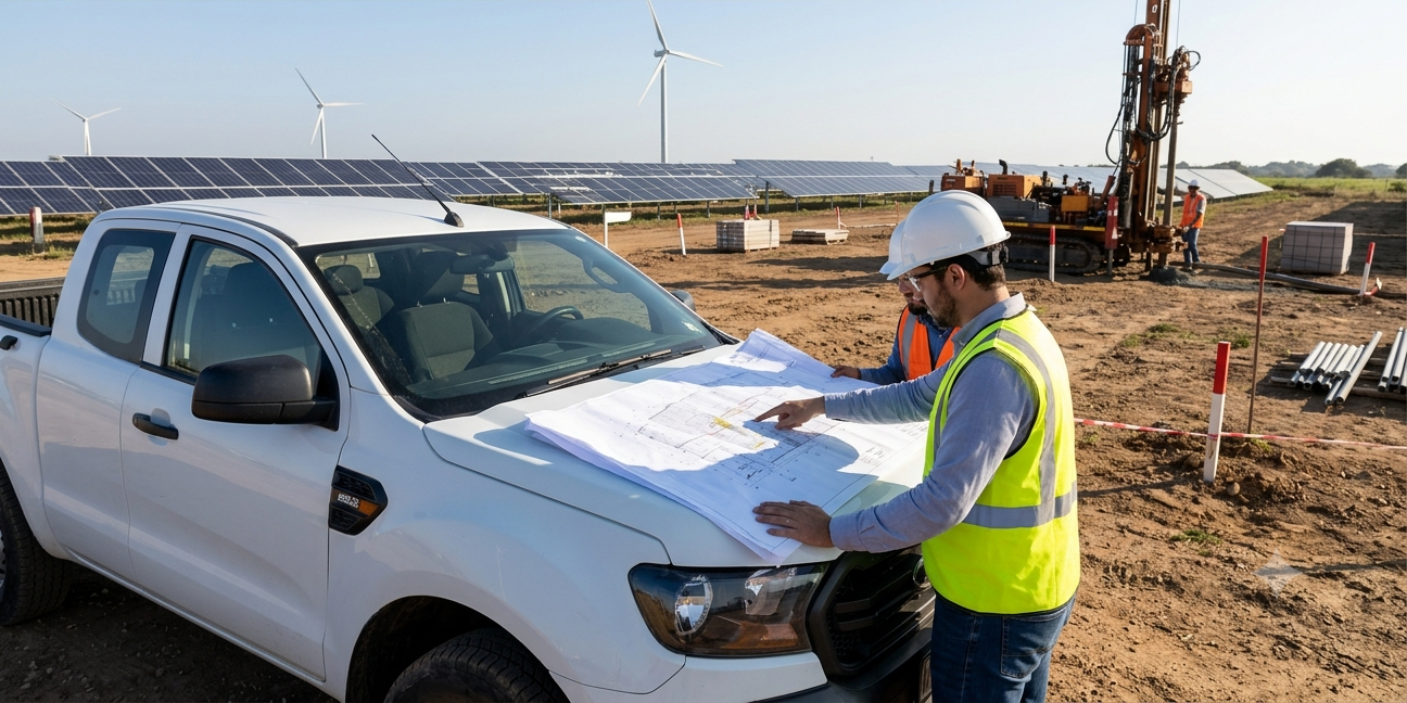 Equipo técnico revisando planos en un proyecto de energía solar y eólica en construcción