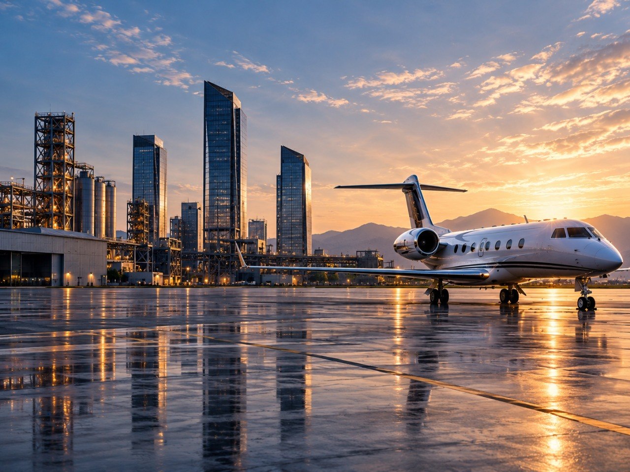 Jet privado en la pista frente a un complejo industrial y rascacielos al atardecer