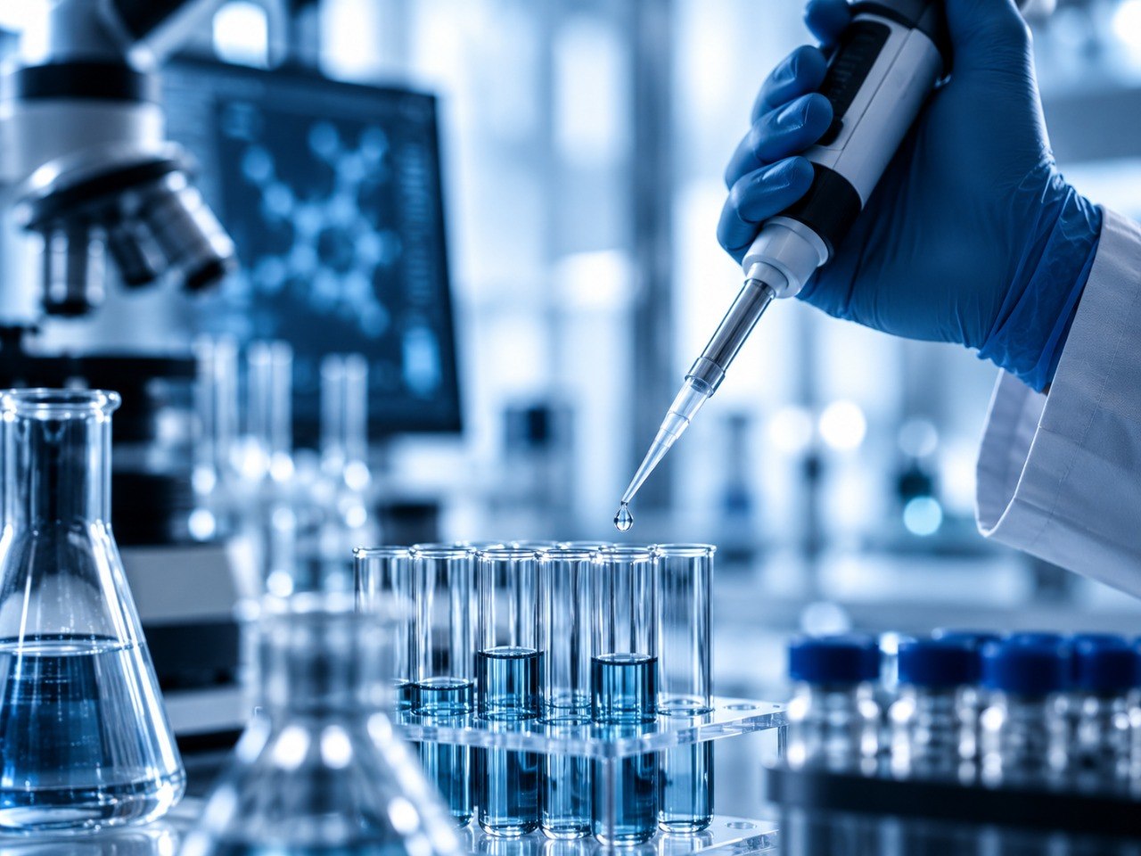 Investigador de laboratorio dispensando una muestra con pipeta entre tubos de ensayo