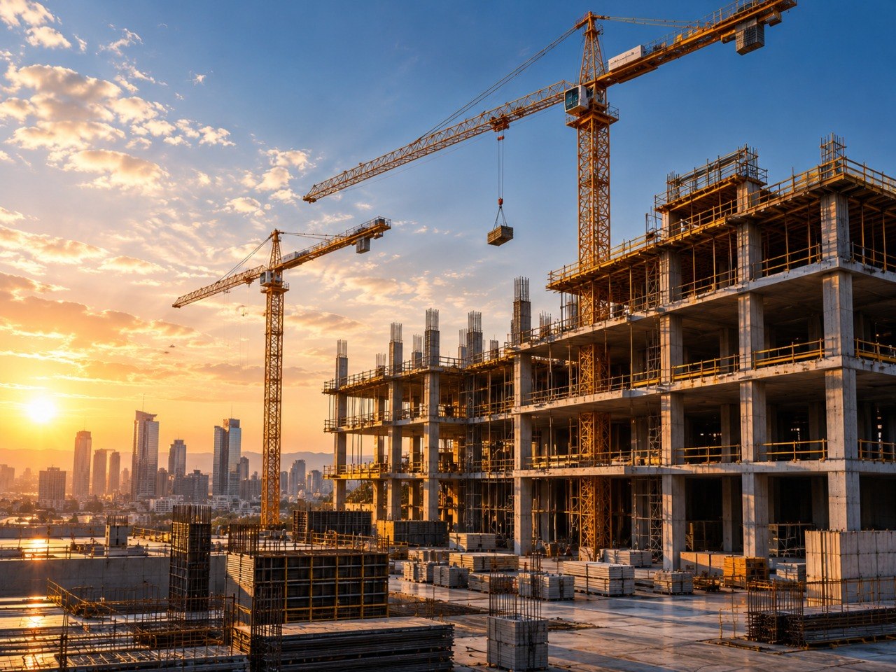 Grúas de construcción sobre un edificio en obra, con el horizonte de la ciudad al atardecer
