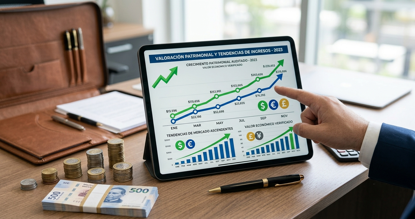 Tableta con gráficas de valoración patrimonial y tendencias de ingresos verificadas
