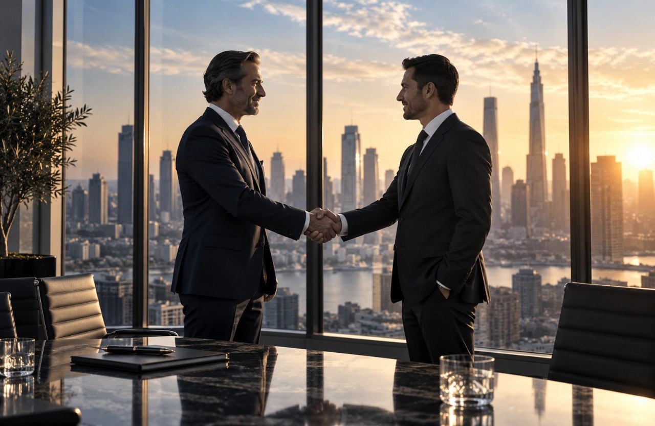 Dos inversionistas cerrando un acuerdo con la ciudad financiera de fondo