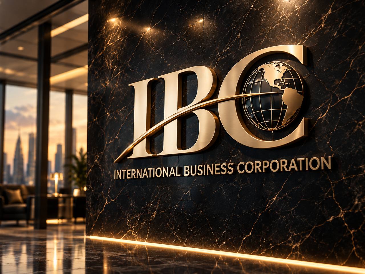 Placa institucional de IBC en mármol oscuro, con vista a la ciudad al atardecer