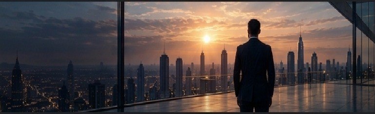Silueta de un ejecutivo de pie frente al ventanal de una oficina, mirando el horizonte de la ciudad al atardecer