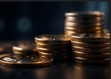 Pilas de monedas de oro sobre una superficie oscura, en primer plano