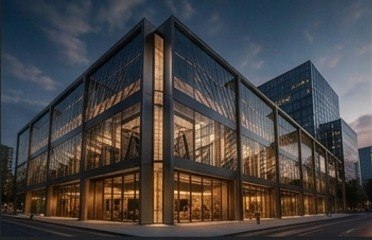 Fachada de cristal de un edificio corporativo iluminado al anochecer