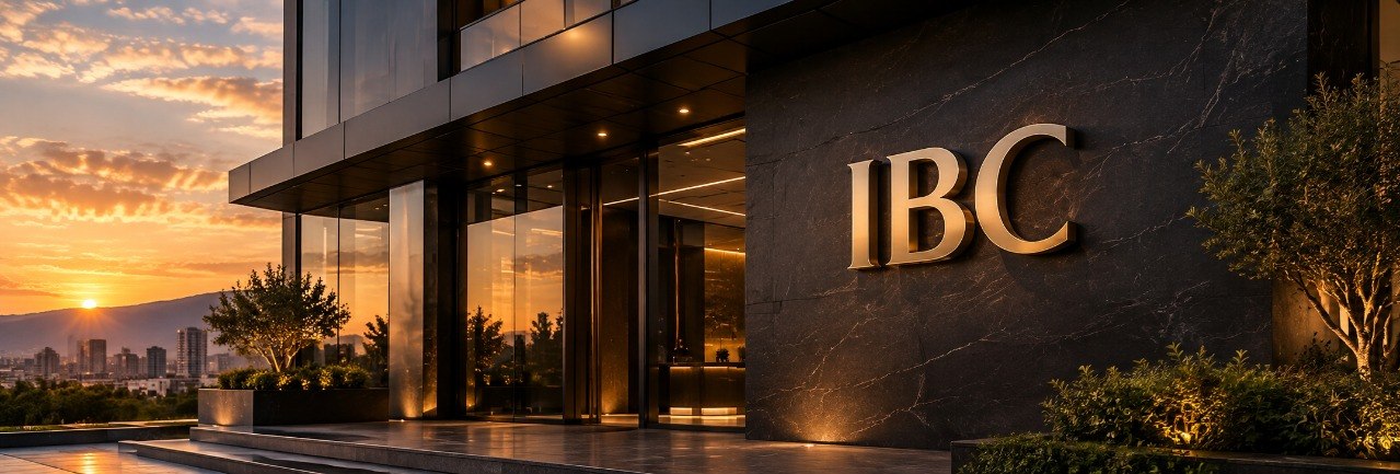 Entrada de un edificio corporativo de IBC al atardecer, con el logotipo IBC grabado en la fachada