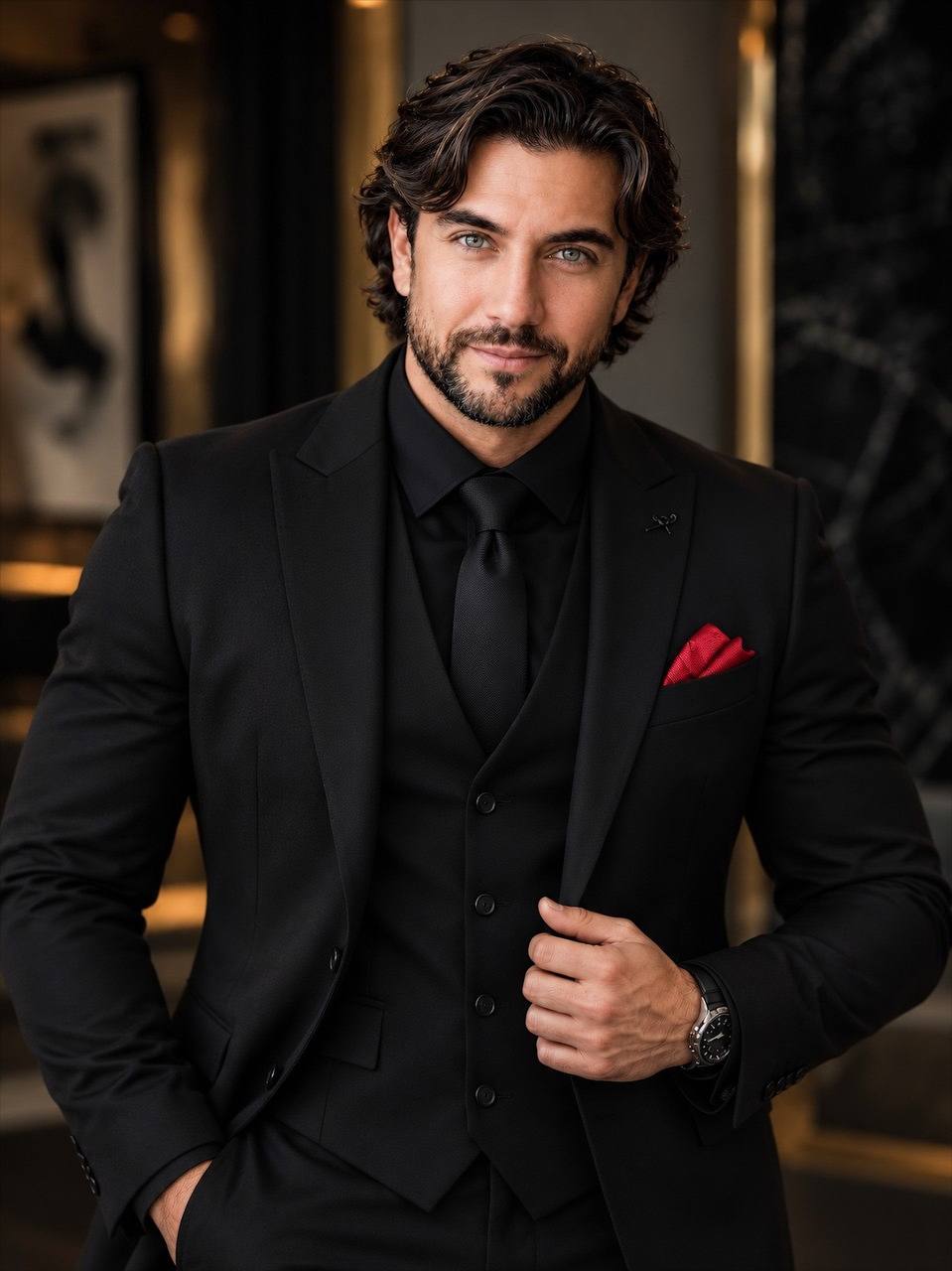 Retrato de Bernardo Godoy, CEO de IBC, con traje negro y pañuelo rojo en el bolsillo