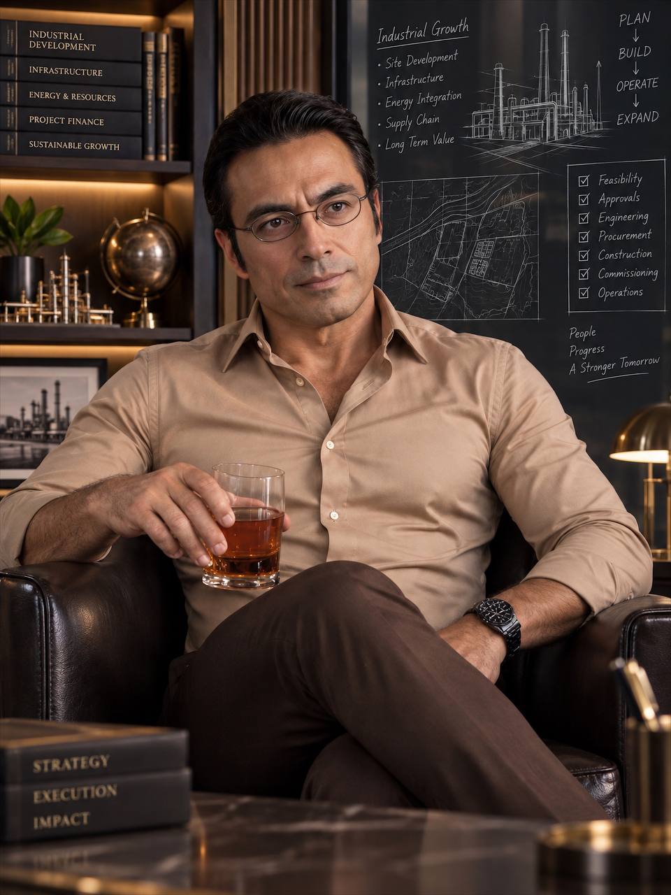 Retrato de Sergio Sánchez, Analista Industrial de IBC, con camisa beige frente a una pizarra de planificación de desarrollo industrial