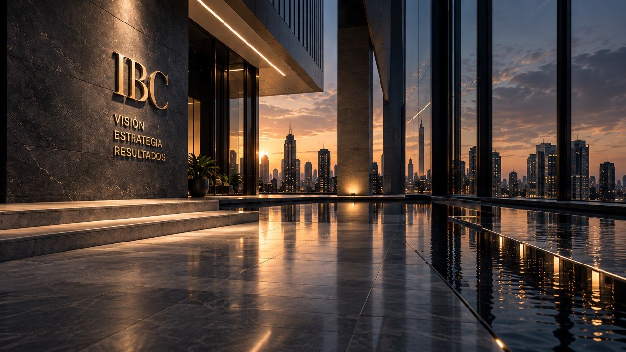 Entrada de un edificio corporativo de IBC al atardecer, con el lema Visión, Estrategia, Resultados grabado en la pared junto al horizonte de la ciudad