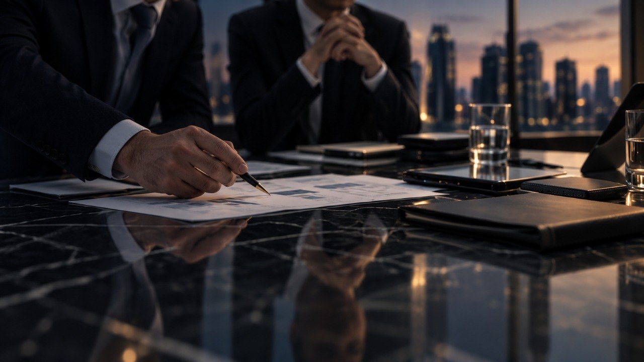 Dos ejecutivos revisando documentos financieros sobre una mesa de juntas, con el horizonte de la ciudad al atardecer de fondo