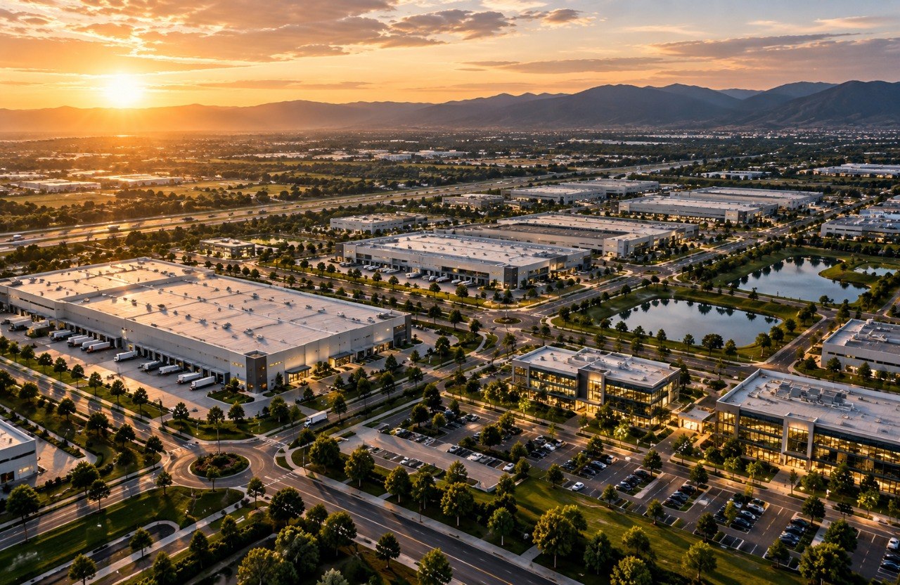 Vista aérea de un parque industrial al atardecer, ejemplo de activo estratégico