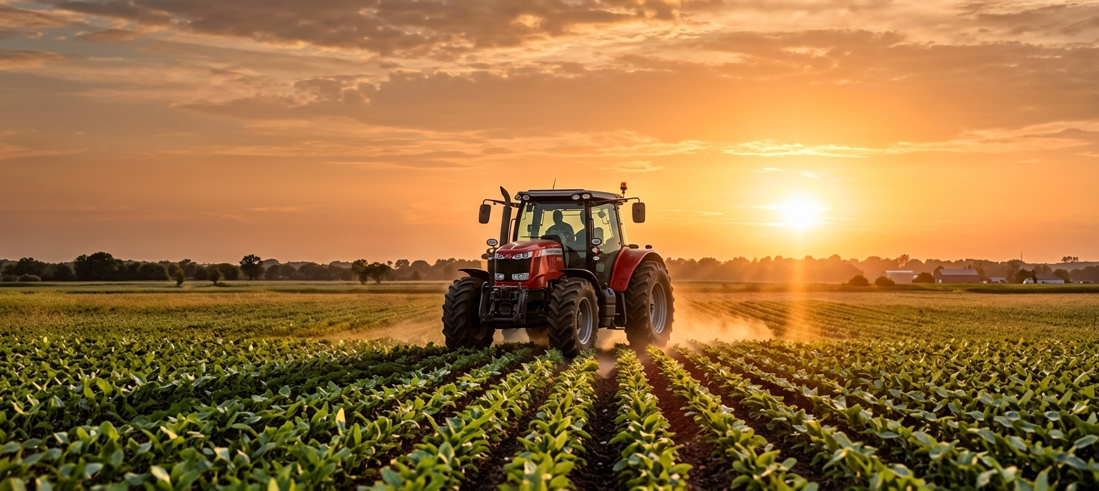 Tractor trabajando un campo de cultivo al atardecer