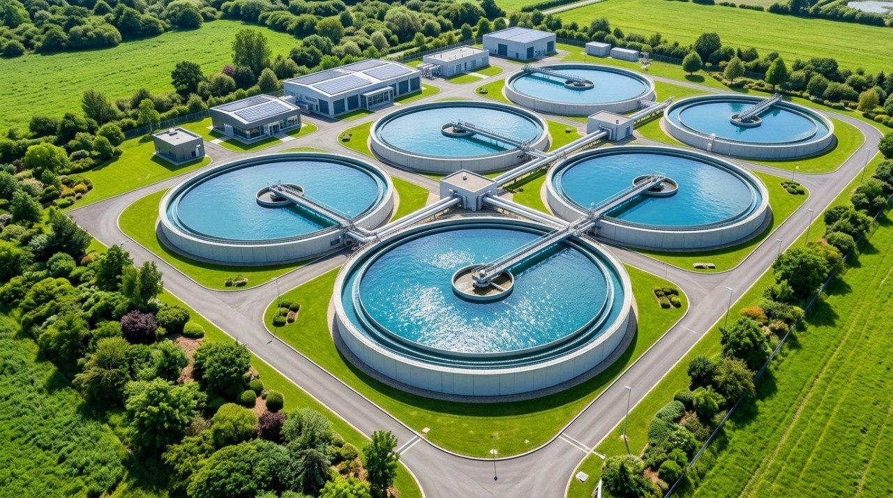 Planta de tratamiento de agua con tanques circulares vista desde arriba