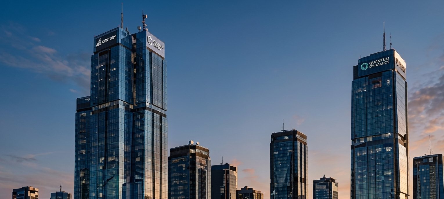 Horizonte de rascacielos financieros junto a una avenida al atardecer