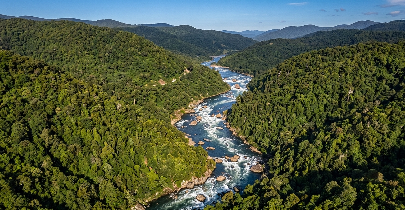 Río rodeado de vegetación densa vista desde el aire, ejemplo de soluciones ecológicas