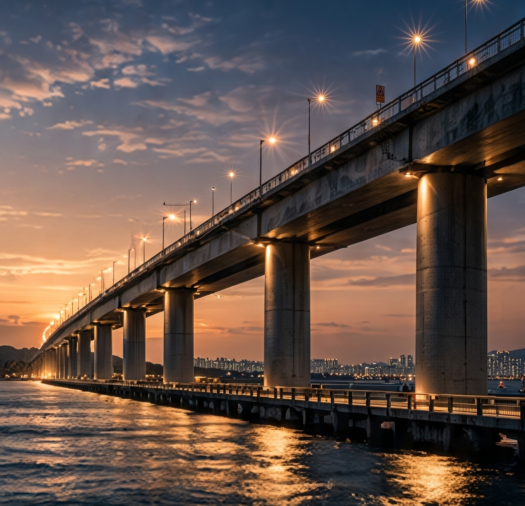 Puente de concreto sobre un cuerpo de agua al atardecer, ejemplo de proyecto de infraestructura