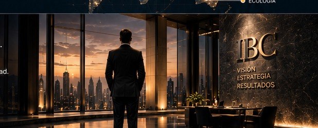 Silueta de un ejecutivo de pie frente al horizonte de la ciudad al atardecer, con el lema Visión, Estrategia, Resultados grabado en la pared junto al logotipo IBC