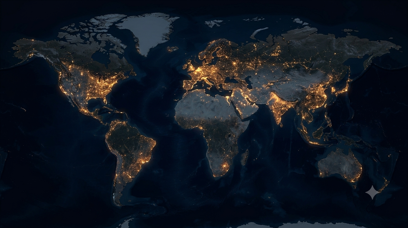 Mapa nocturno del mundo con puntos de luz que representan la presencia global de los sectores estratégicos de IBC
