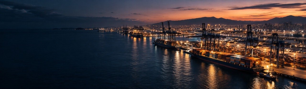 Puerto de contenedores iluminado al anochecer, símbolo del comercio internacional