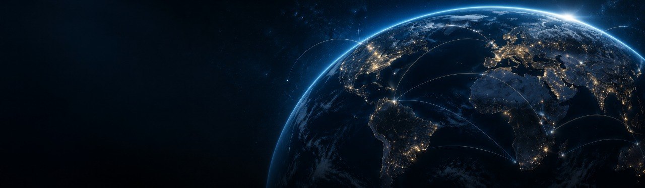 Planeta Tierra de noche con rutas de conexión que representan la red internacional de IBC