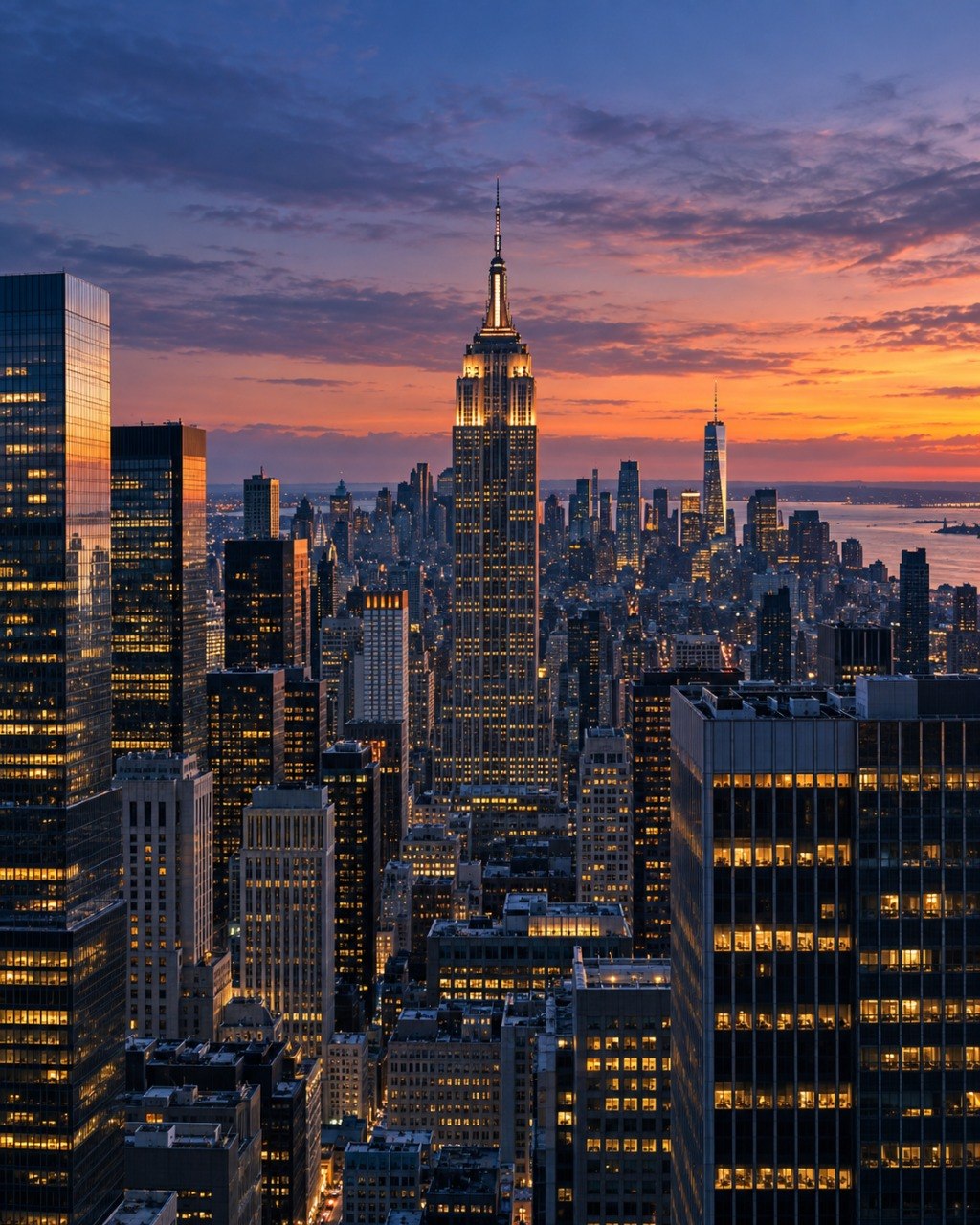 Horizonte de Nueva York con el Empire State al atardecer