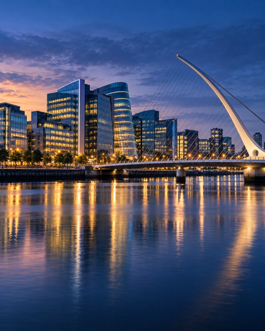 Puente Samuel Beckett sobre el río Liffey en Dublín, Irlanda, al anochecer