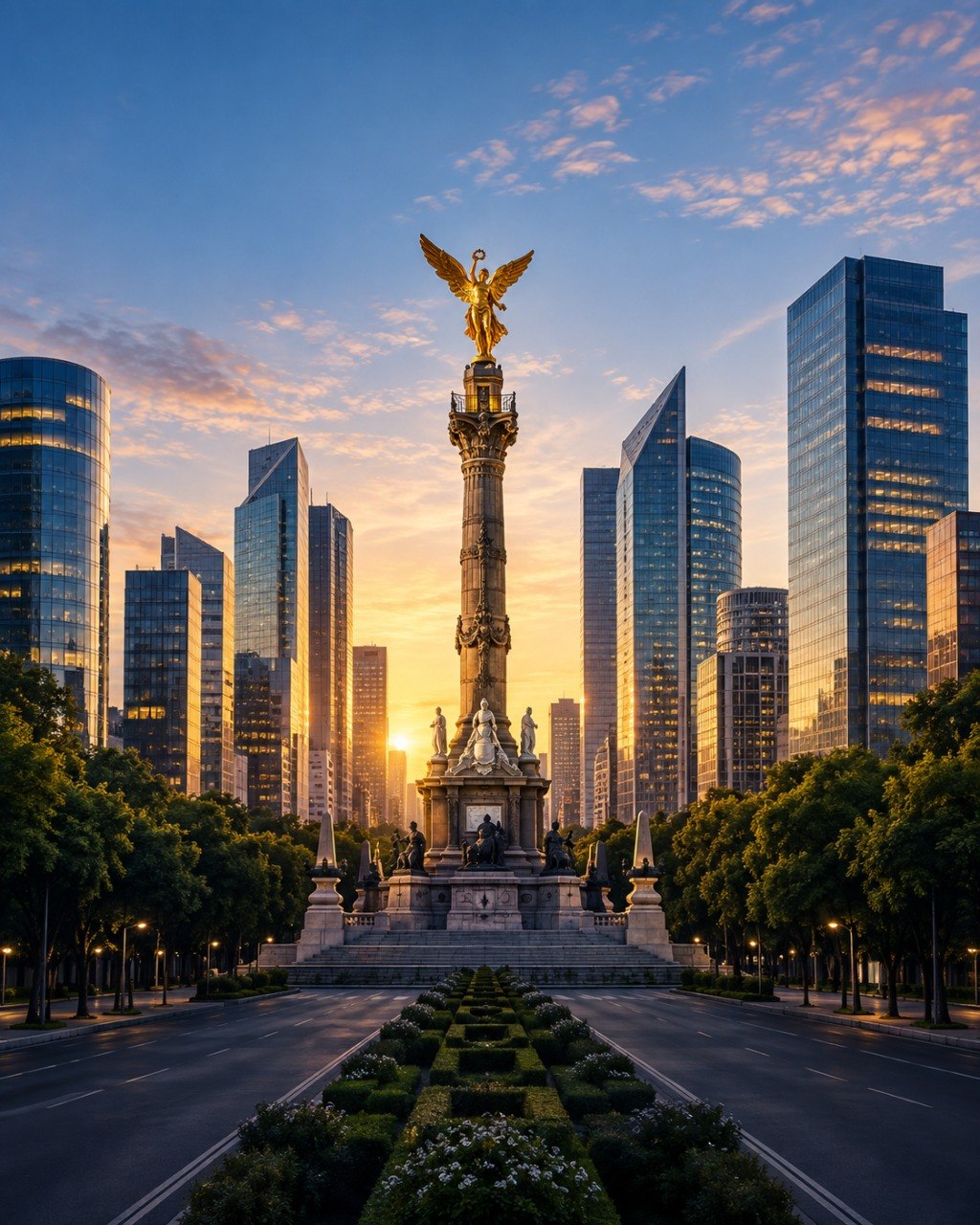 Ángel de la Independencia y horizonte de rascacielos de Ciudad de México al atardecer
