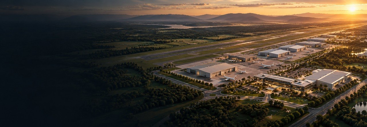 Vista aérea de Relax Air Park, desarrollo aeroportuario e industrial al atardecer